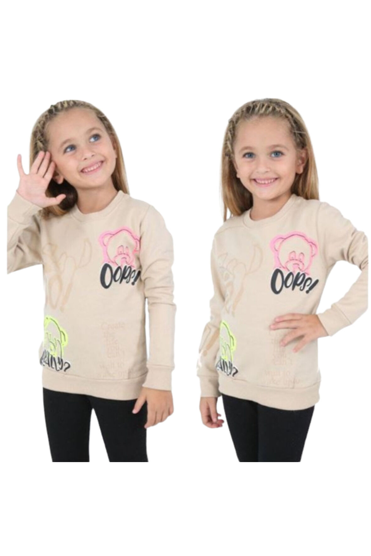 Kız Çocuk Ayıcık ve Yazı Desenli Bej Renk Şardonlu Sweatshirt