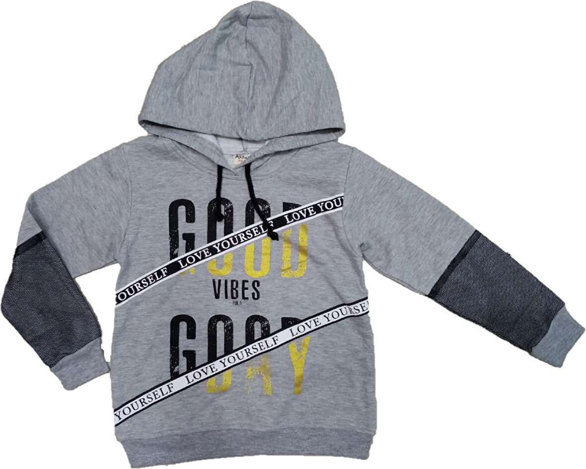 Kız Çocuk Good Day Yazı Desenli Kolu File Detaylı Gri Renk Kapüşonlu Sweatshirt