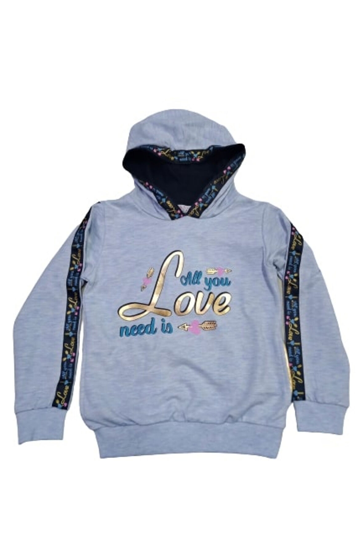 Kız Çocuk Kapüşonlu Kolları Şeritli Yazı Desenli Cepli Buz Mavisi Renk Kapüşonlu Sweatshirt
