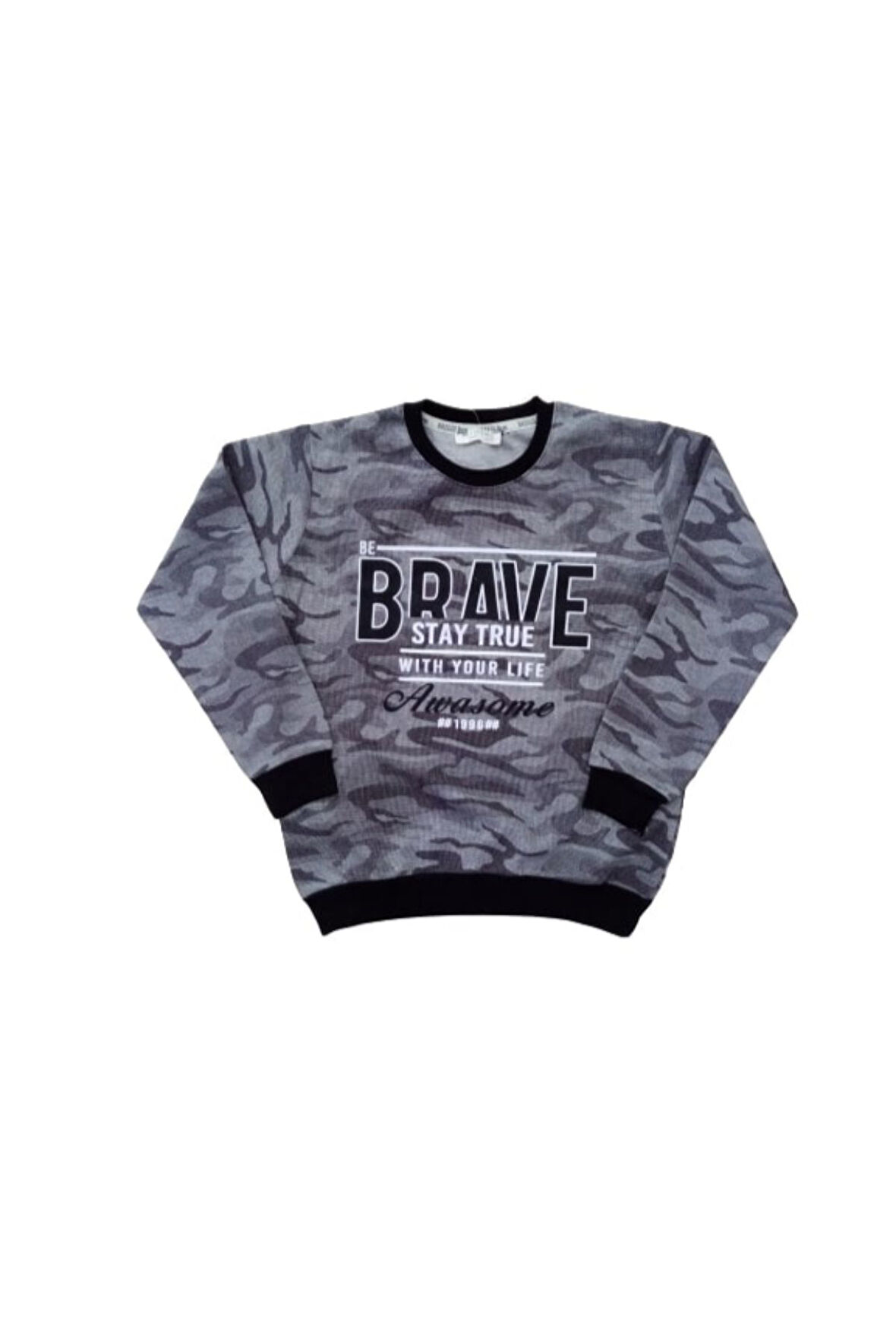 Erkek Çocuk Brave Yazılı Kamuflaj Desenli Gri Renk Sweatshirt