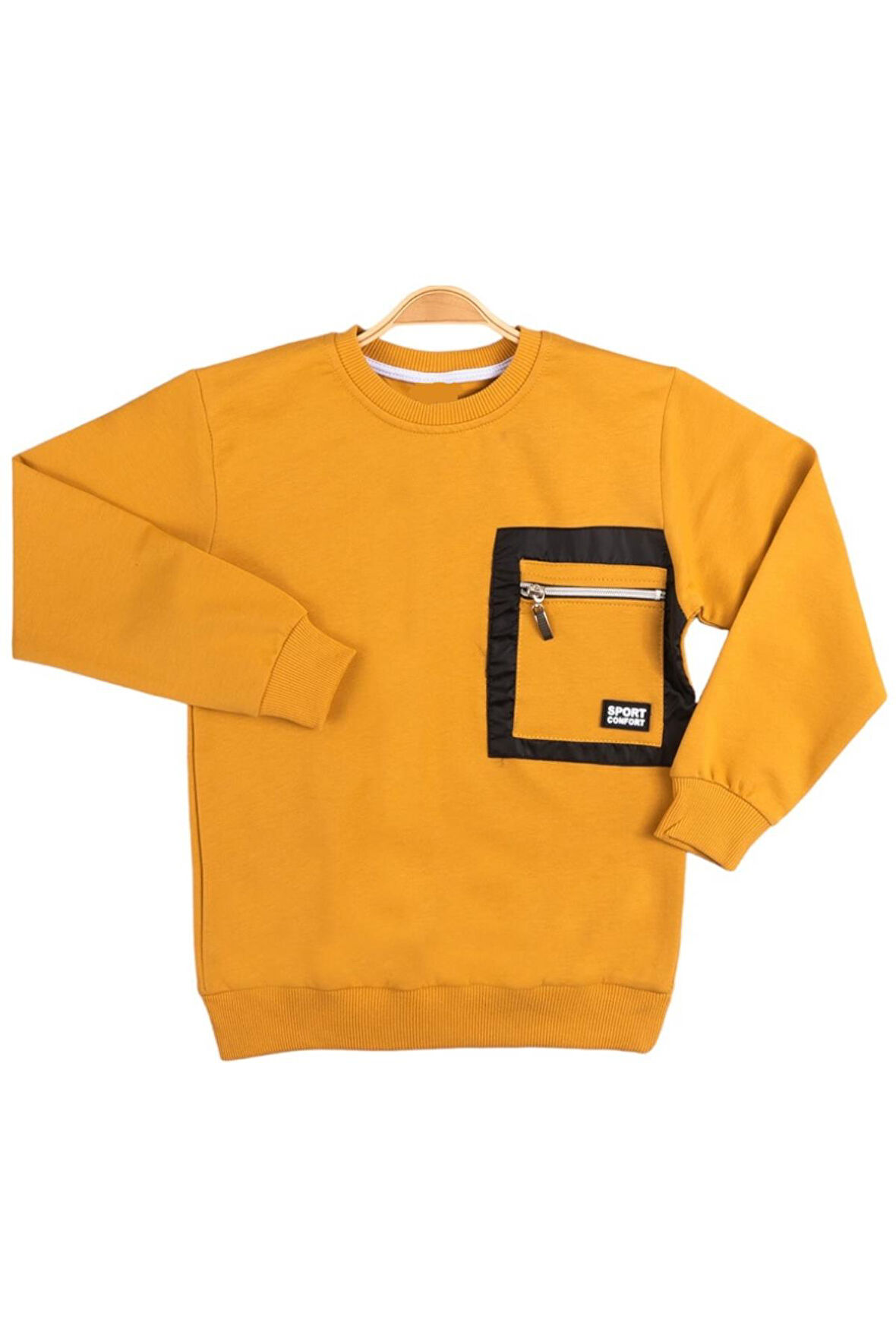 Erkek Çocuk Fermuar Cepli Detaylı Armalı Hardal Renk Sweatshirt