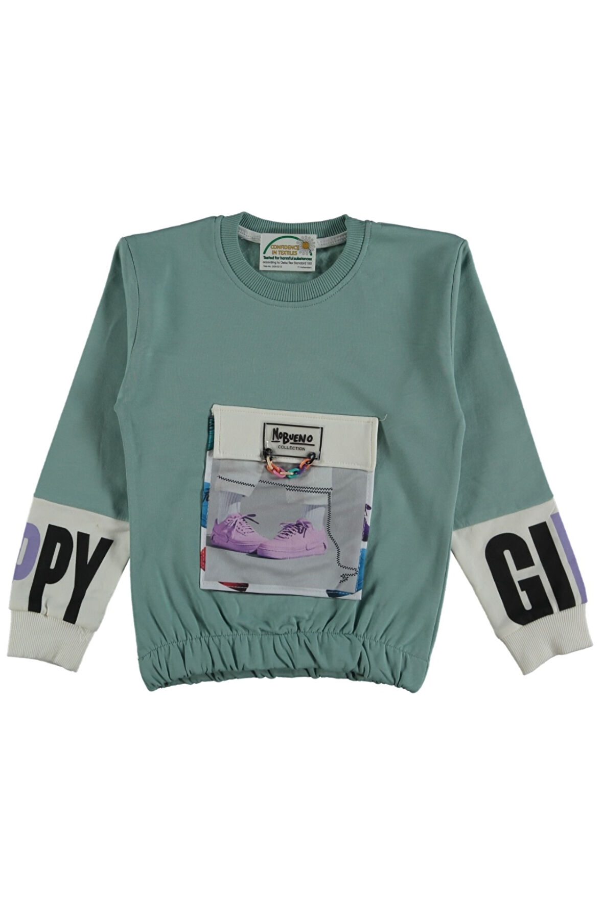 Kız Çocuk Zincir Detaylı Kolu Yazılı Torba Cepli Şardonlu Yeşil Renk Sweatshirt