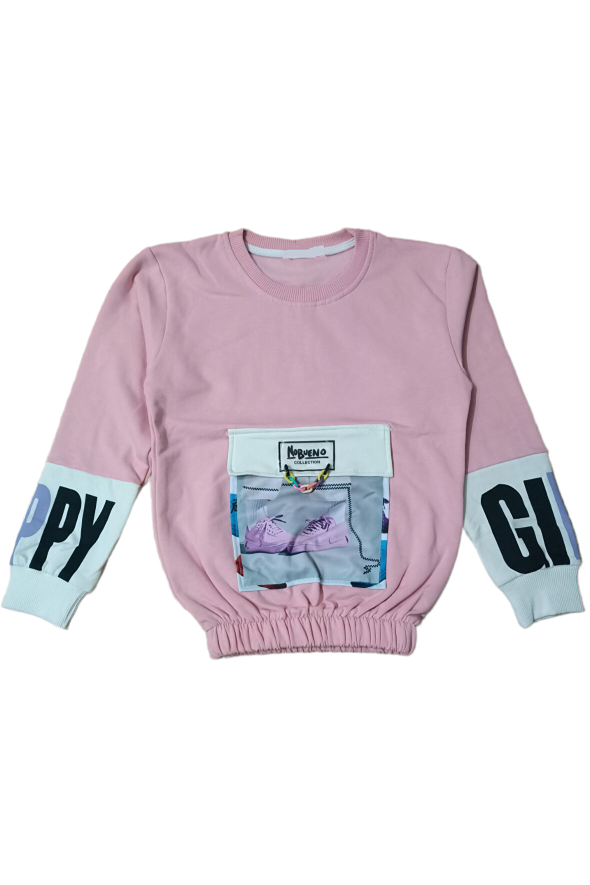Kız Çocuk Zincir Detaylı Kolu Yazılı Torba Cepli Şardonlu Pudra Renk Sweatshirt