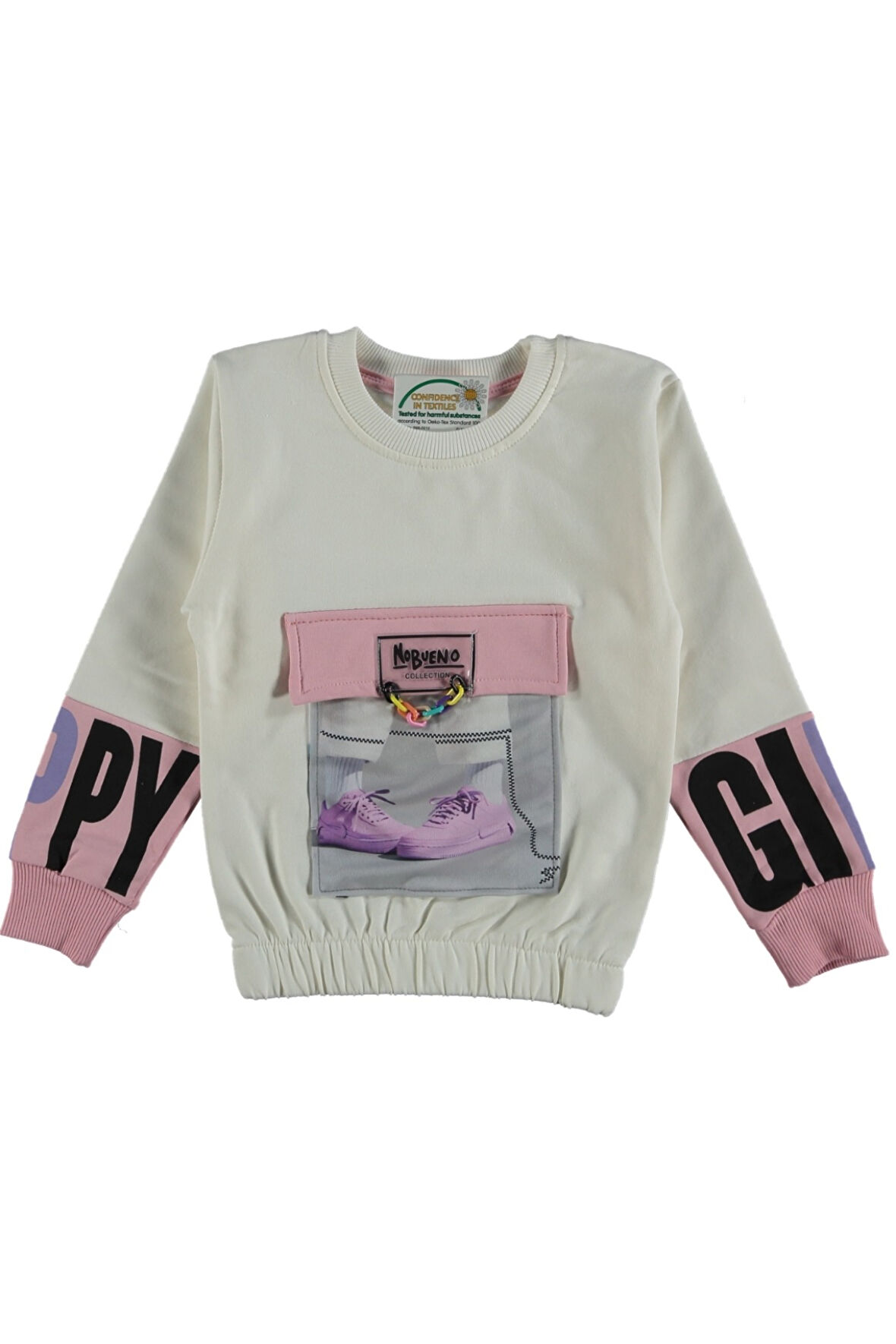 Kız Çocuk Zincir Detaylı Kolu Yazılı Torba Cepli Şardonlu Krem Renk Sweatshirt