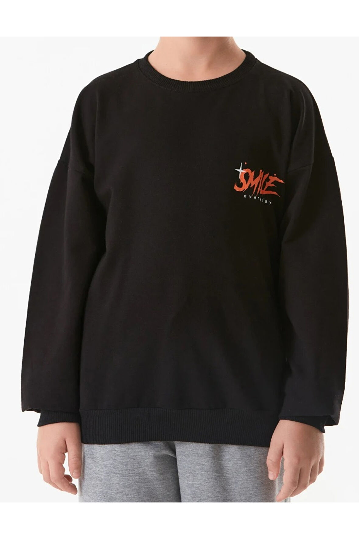 Erkek Çocuk /Kız Çocuk Önü Arkası Smile Yazılı Gezegen Resim Desenli Siyah Renk Sweatshirt