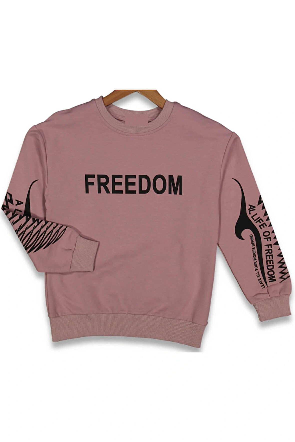 Kız Çocuk Önü Kolları Freedom Yazılı Pembe Oversize Kalıp Sweatshirt