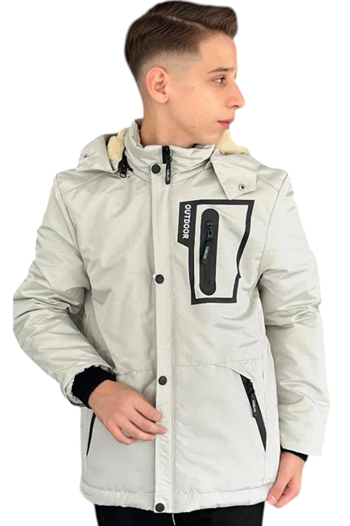 Erkek Çocuk Outdoor Yazılı Fermuar Cepli Kapüşonu Çıkabilen İçi Peluş Astarlı İnce Mont