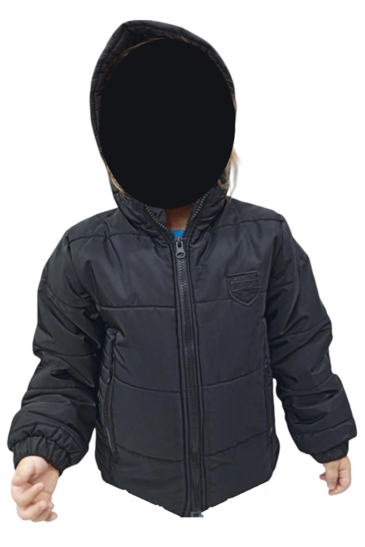 Erkek Çocuk Spedy Armalı Kapüşonu Sabit Fermuar Cepli İçi Peluş Astarlı Siyah Mont
