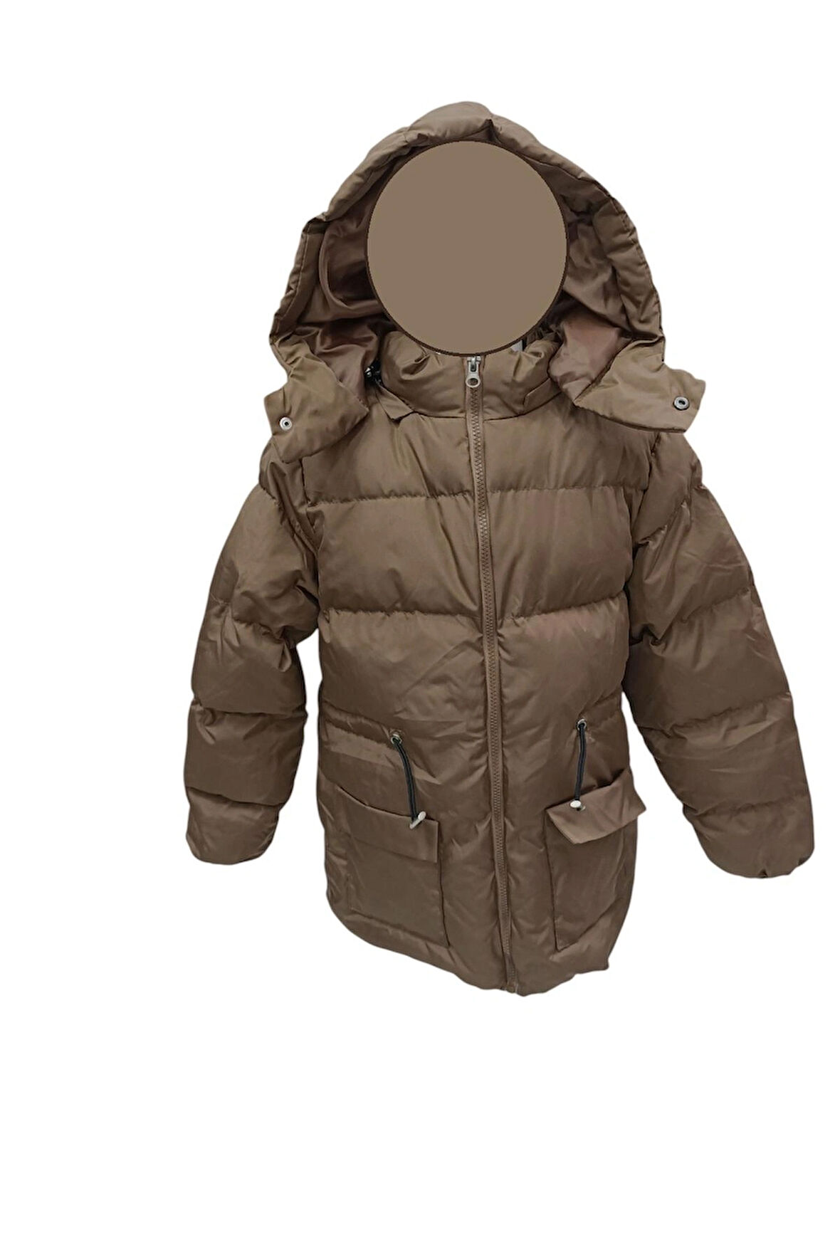 Kız Çocuk Kapüşonu Çıkabilen Fermuar Kapamalı Beli İp Bağlamalı İçi Peluş Astarlı Kahverengi Mont