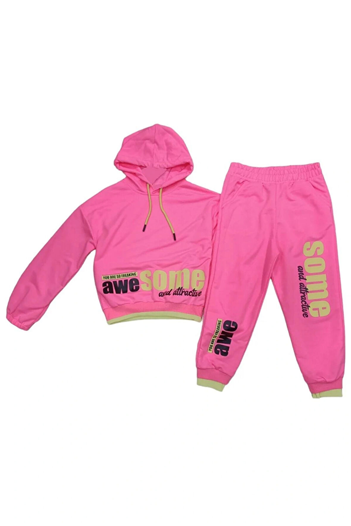 Kız Çocuk Pembe Renk Awesome Yazı Desenli Kapüşonlu Crop Model Eşofman Takımı