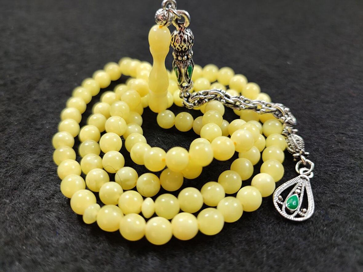 Alman gümüş Kaplama Püskül Kombinli Beyrut Kehribar Namaz Tesbihi Model 3380