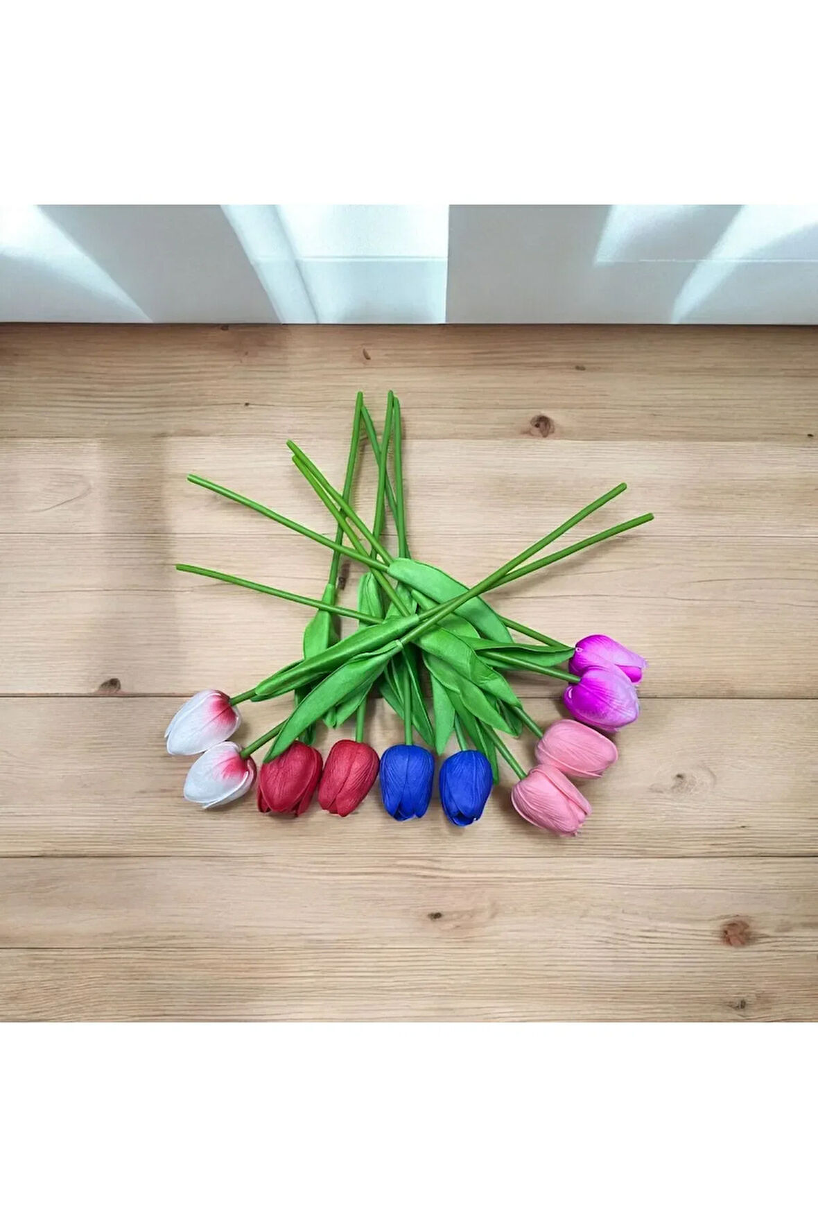 Yapay 10'lu Islak Lale Buketi Gerçeksi Doku Karışıl Renkli