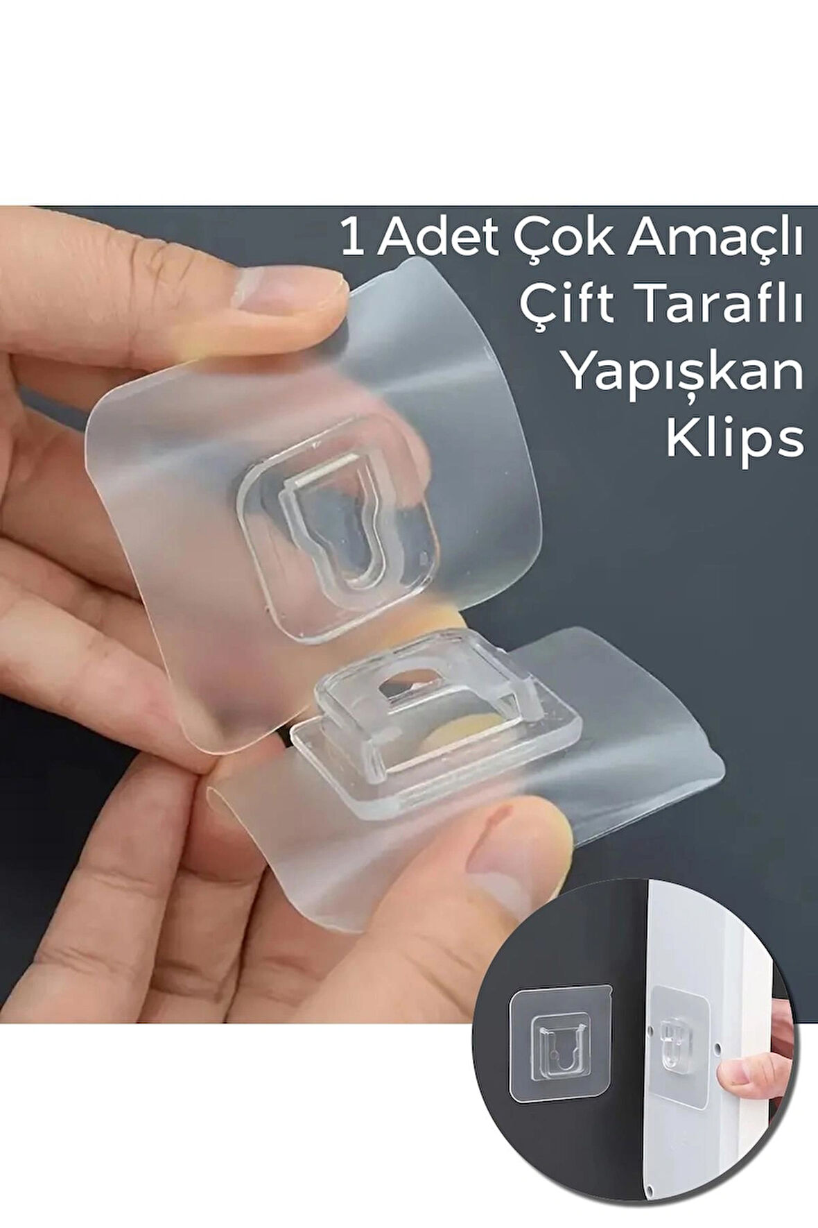 1 Adet Çift Taraflı Yapışkanlı Geçmeli Klips Eşya Sabitleme Askısı Şeffaf Duvar Kancası