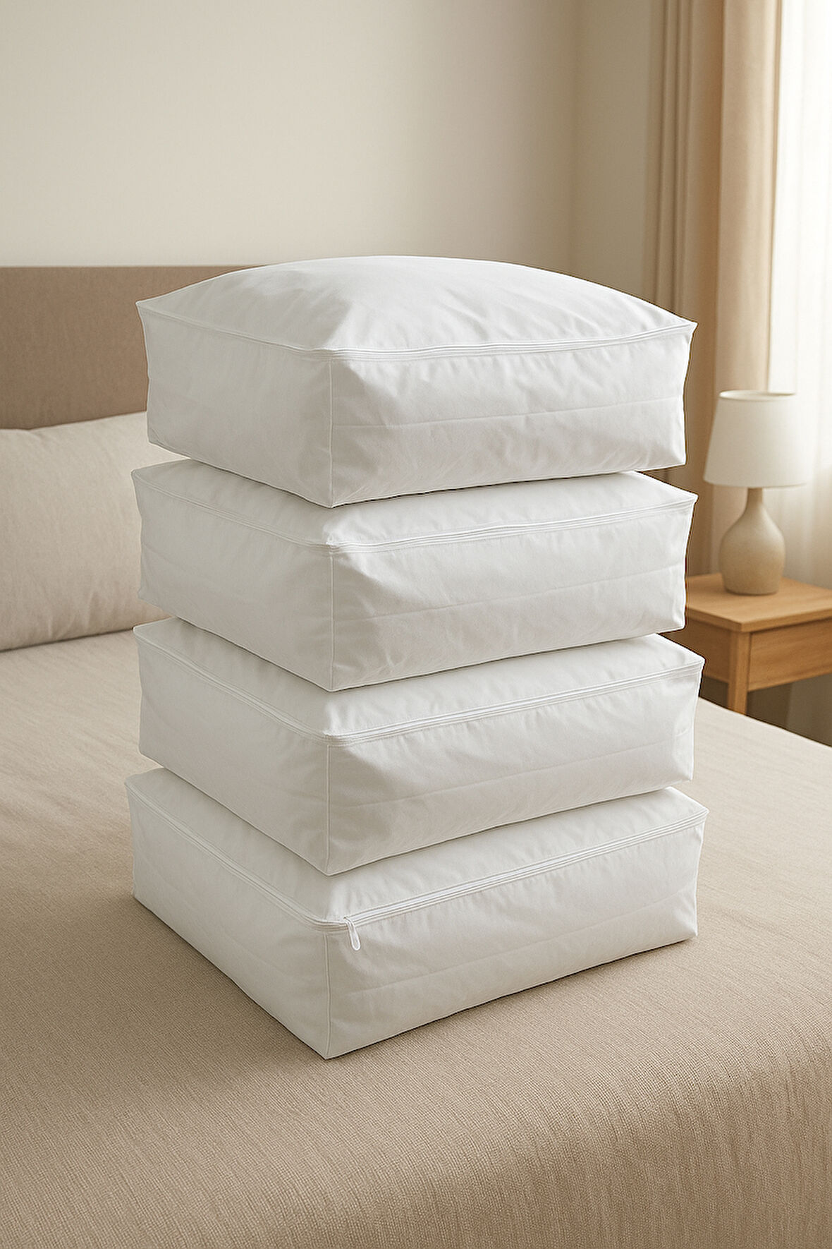 4'lü Beyaz Büyük Baza Altı & Çekyat Tipi Tela Hurç 65x45x22 cm – Fermuarlı Saklama ve Düzenleme Hurcu