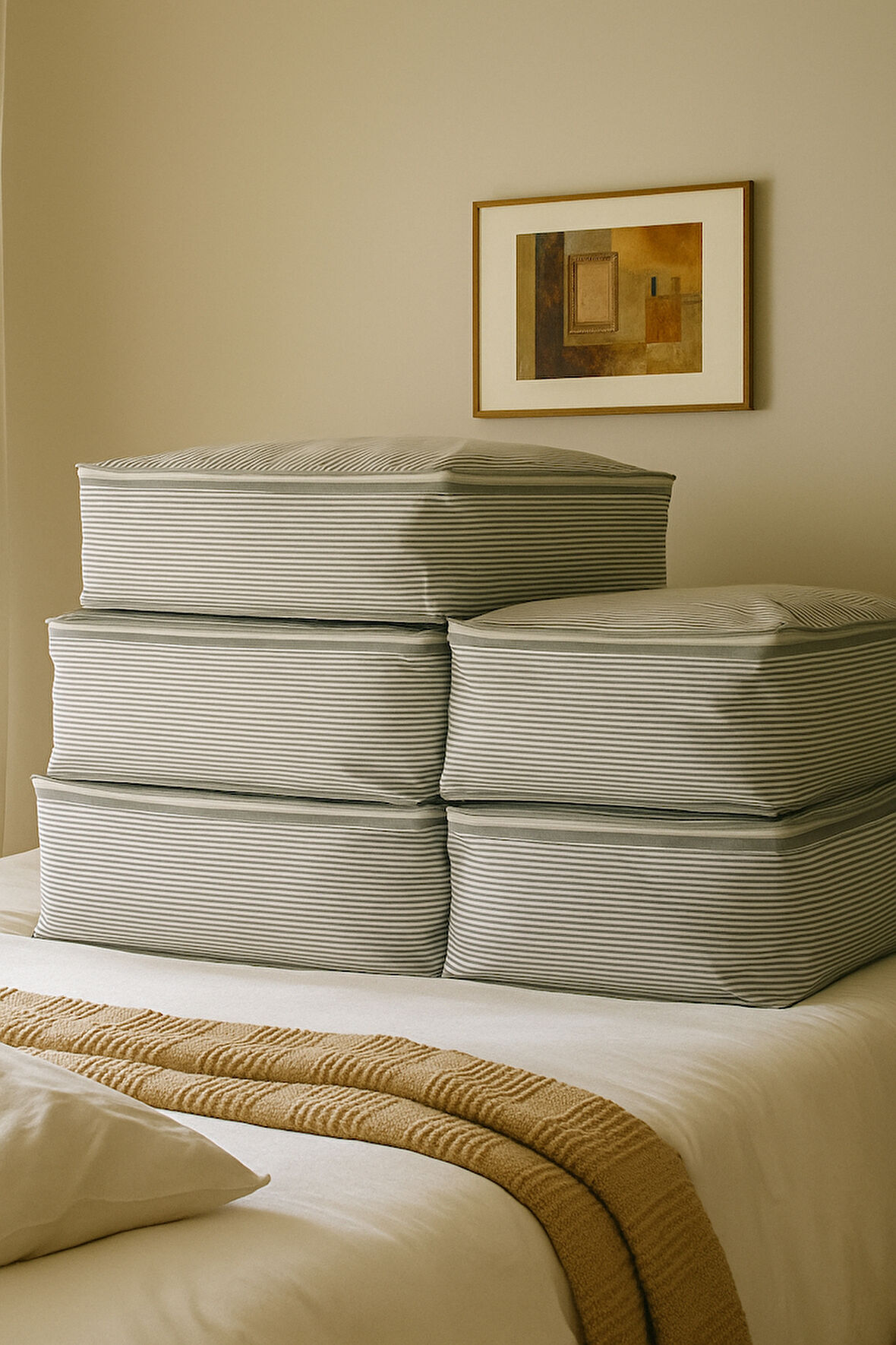 5'li Gri Çizgili Büyük Baza Altı & Çekyat Tipi Tela Hurç 65x45x22 cm – Fermuarlı Saklama ve Düzenleme Hurcu