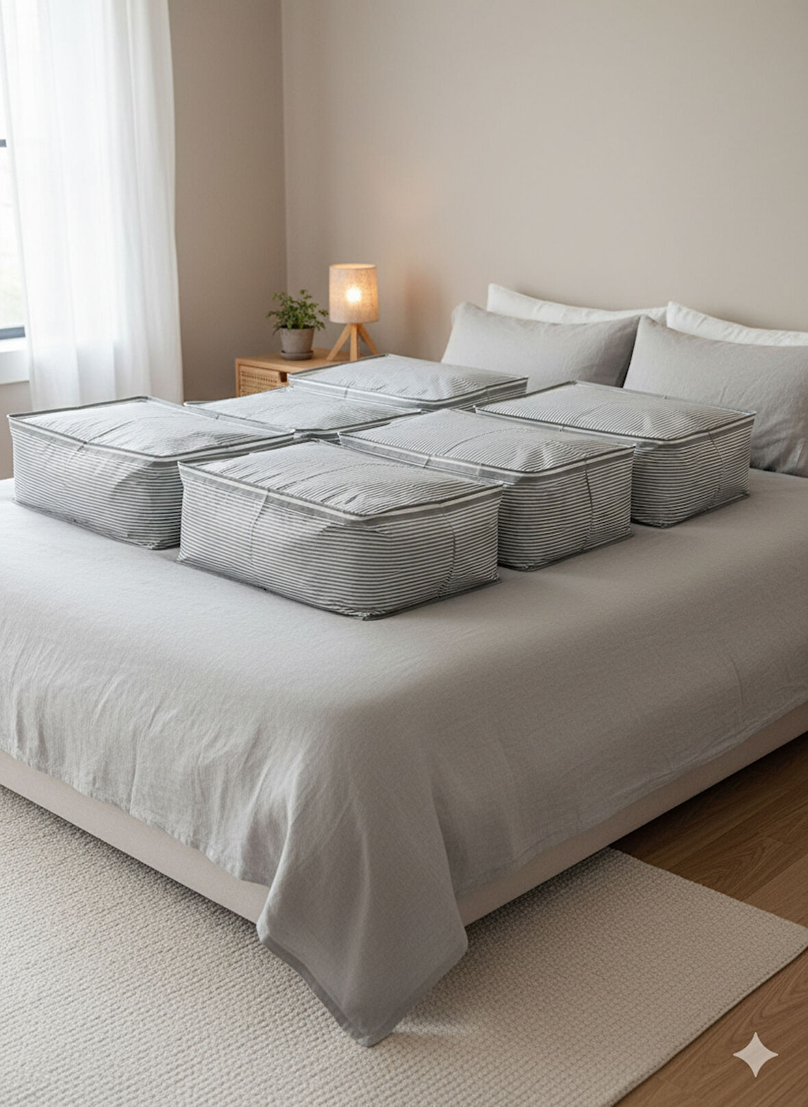 6'lı Gri Çizgili Büyük Baza Altı & Çekyat Tipi Tela Hurç 65x45x22 cm – Fermuarlı Saklama ve Düzenleme Hurcu