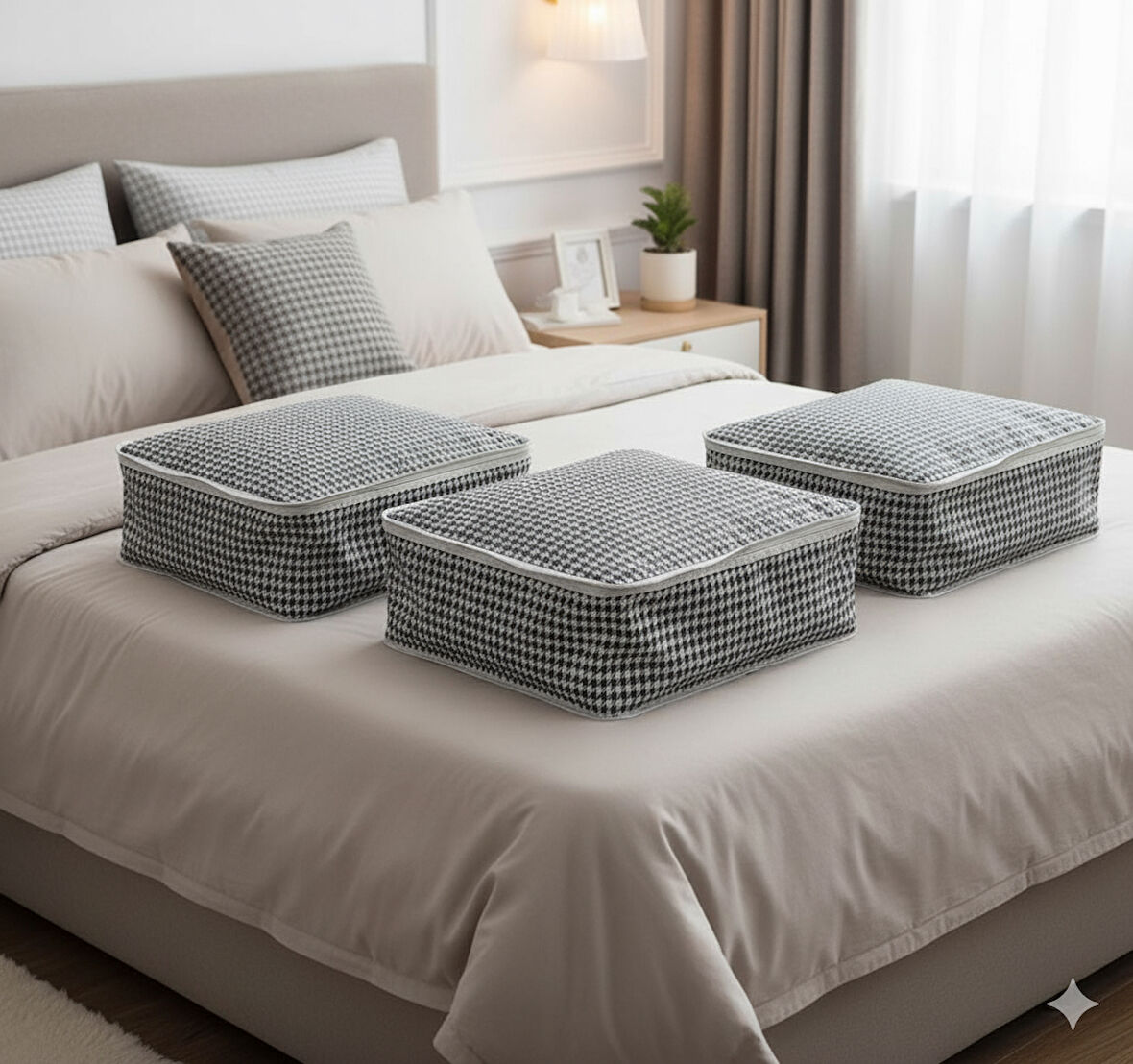 3'lü Kaz Ayağı Büyük Baza Altı & Çekyat Tipi Tela Hurç 65x45x22 cm – Fermuarlı Saklama ve Düzenleme Hurcu