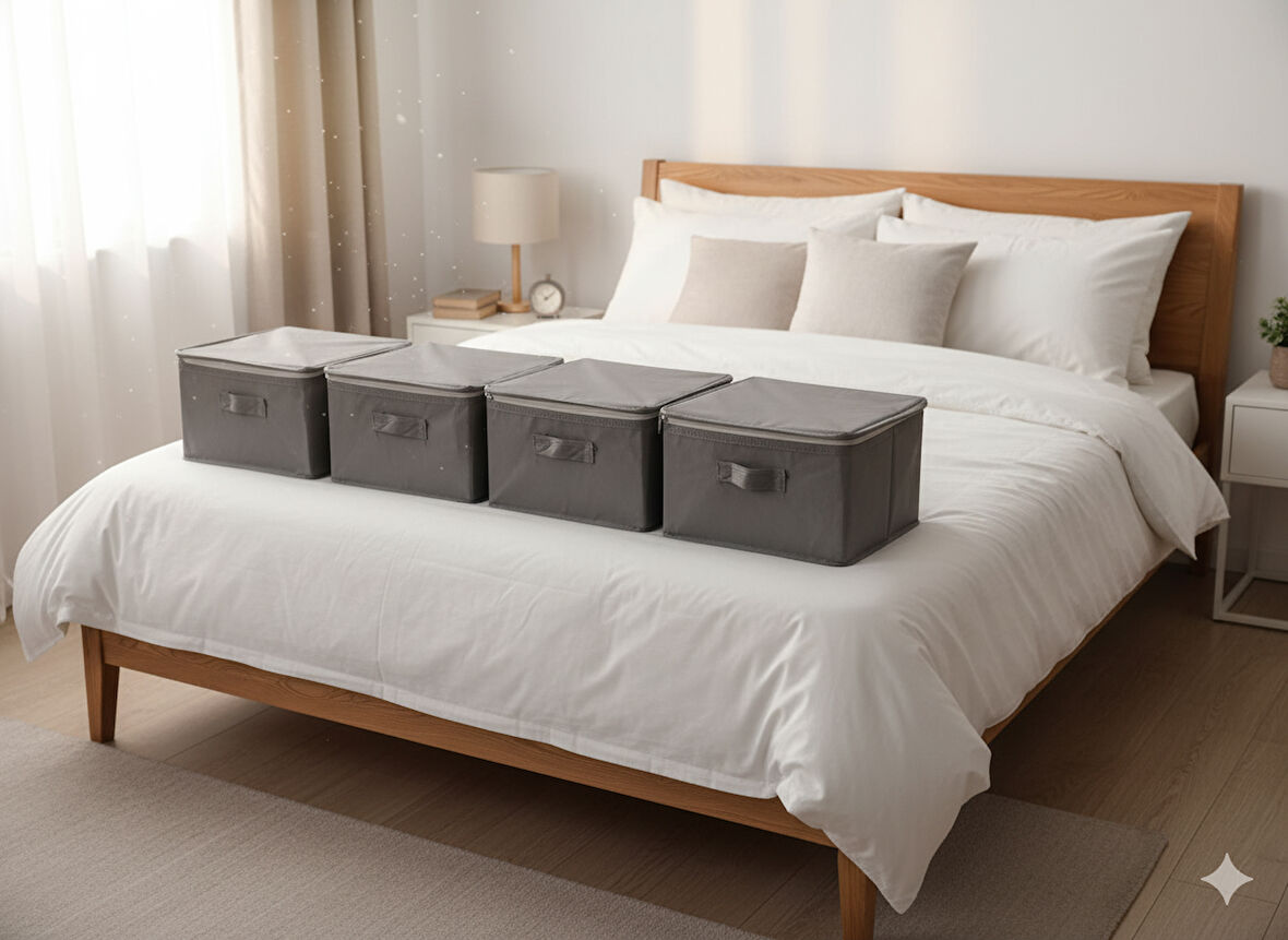 4'lü Gri Çorap Hurcu | Çok Amaçlı Dolap Içi ve Çekmece Içi Düzenleyici 29x24x17 cm