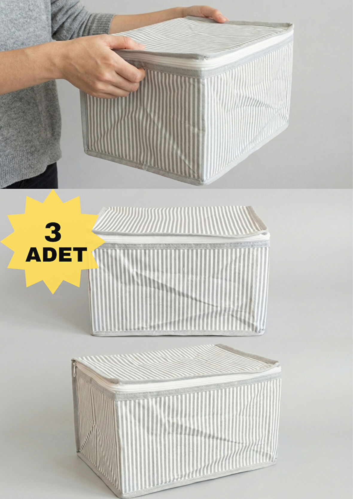 3'lü Gri Çizgili Çorap Hurcu | Çok Amaçlı Dolap Içi ve Çekmece Içi Düzenleyici 29x24x17 cm