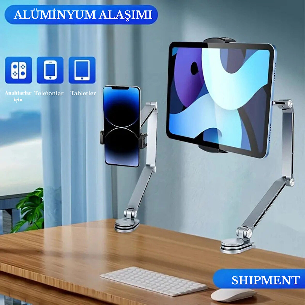 Alüminyum Telefon Tablet Tutucu Stand 4-15,6 İnç 360 Derece Dönebilen Katlanabilen Uzun Kollu Stand