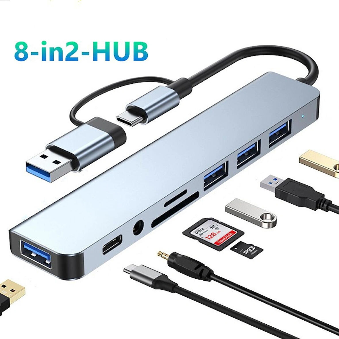 8 İn 2 USB Çoklayıcı TF/SD kart okuyucu Type-C Type-A HUB 3.5mm Ses Girişi yüksek hızlı adaptörü
