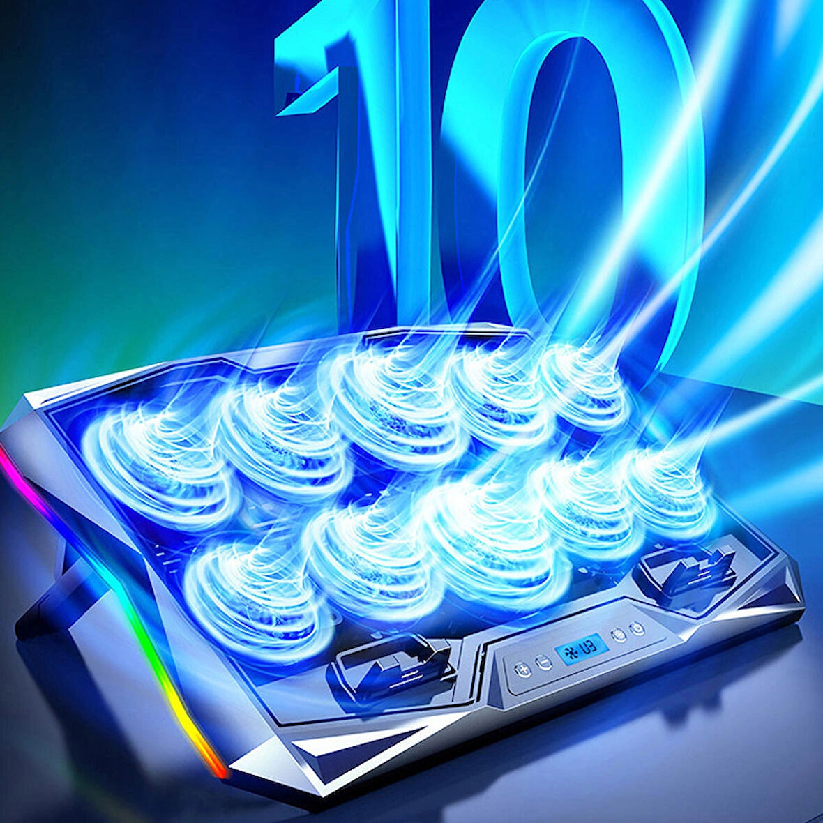10 Fanlı RGB Işıklı Oyun Bilgisayar soğutucu Notebook Soğutucu Gamer 7 kademeli Stand