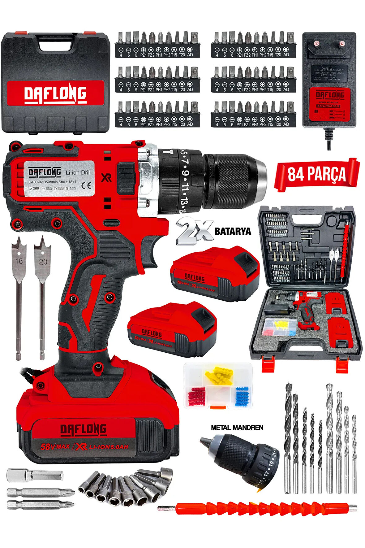 DARBELİ Matkap 58 V 5ah Li-İON Çift Metal Şanzuman Çift Akülü Şarjlı Matkap 84 Parça Set Hediyeli