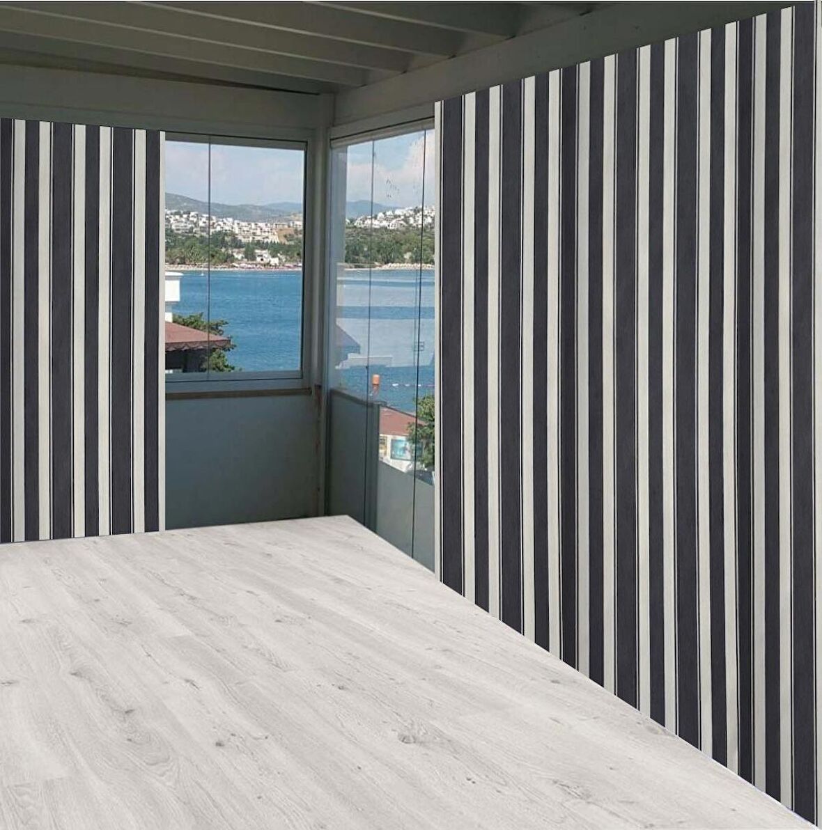 Ceylan Home Balkon Perdesi Gri Beyaz Çizgili 900x250