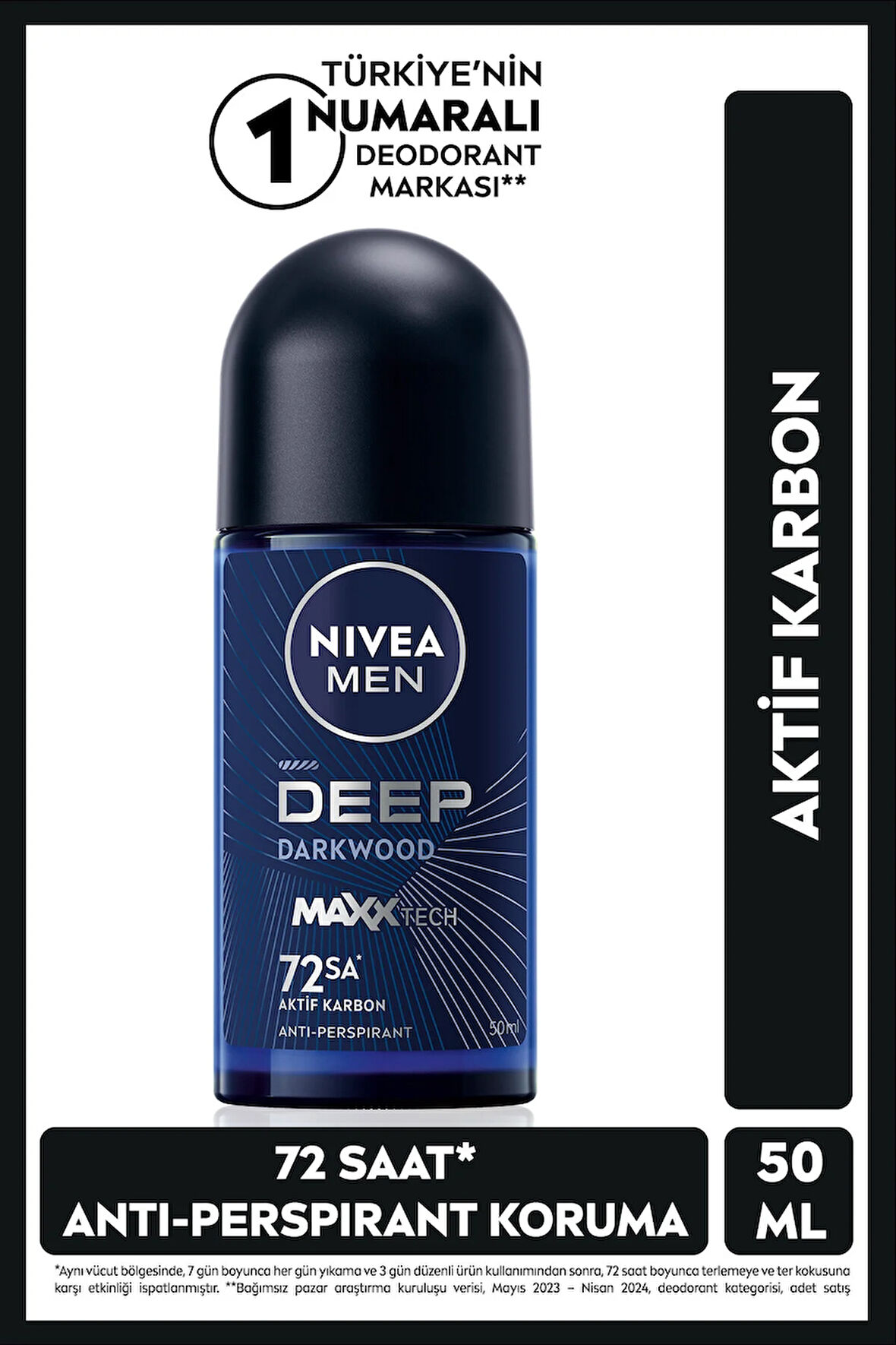 NIVEA MEN Erkek Roll on Deodorant Deep Dimension 50 ml,72 Saat Ter Kokusuna Karşı Anti Perspirant Koruma