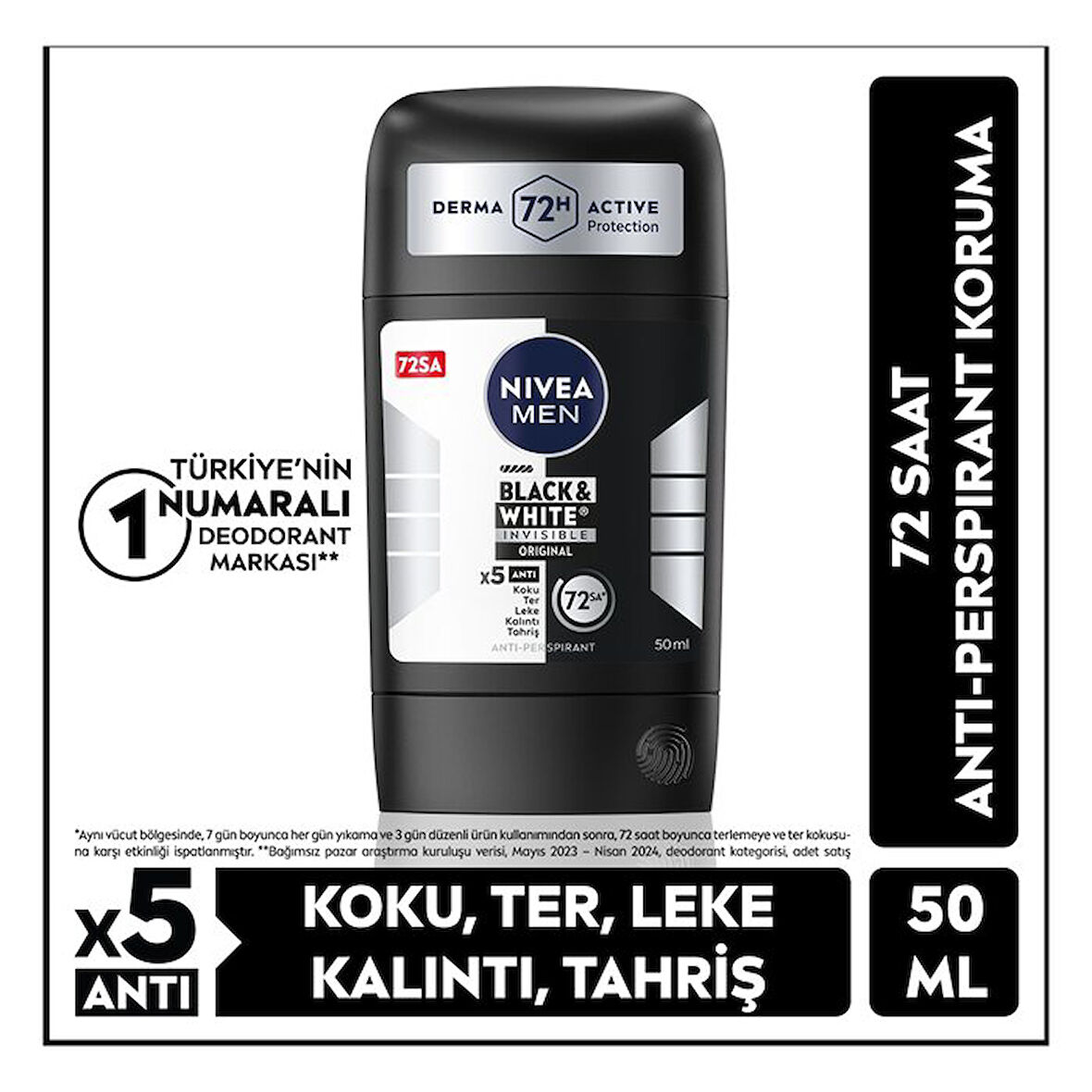 NIVEA MEN Men Erkek Stick Deodorant Black&white Invisible Original 50ml 72 Saat Anti-perspirant Koruma