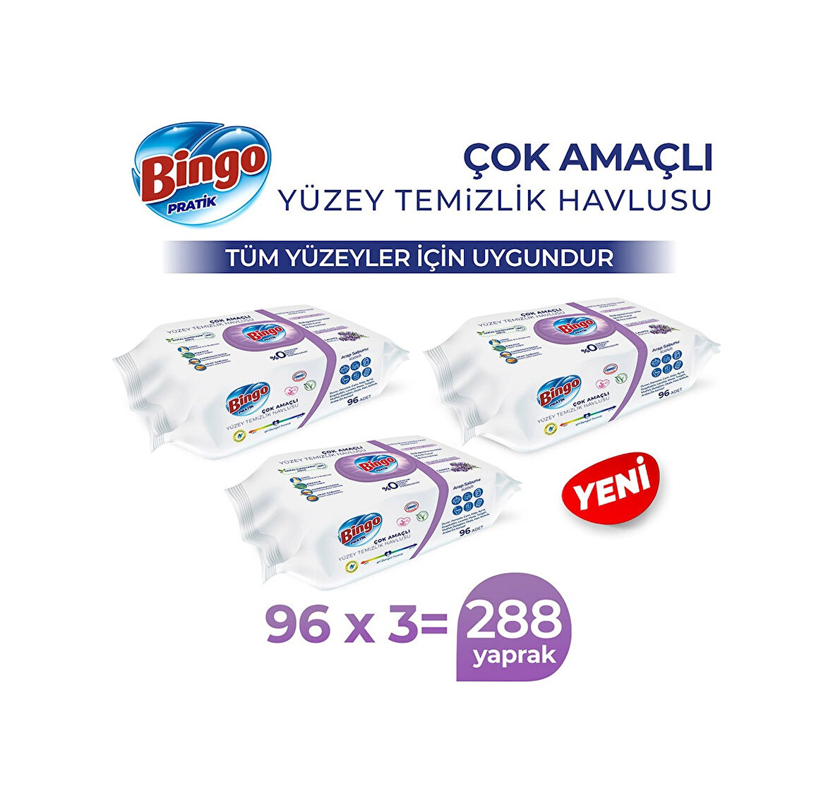 Bingo Pratik Arap Sabunu Katkılı Lavanta Yüzey Temizlik Havlusu 3 x 96'lı