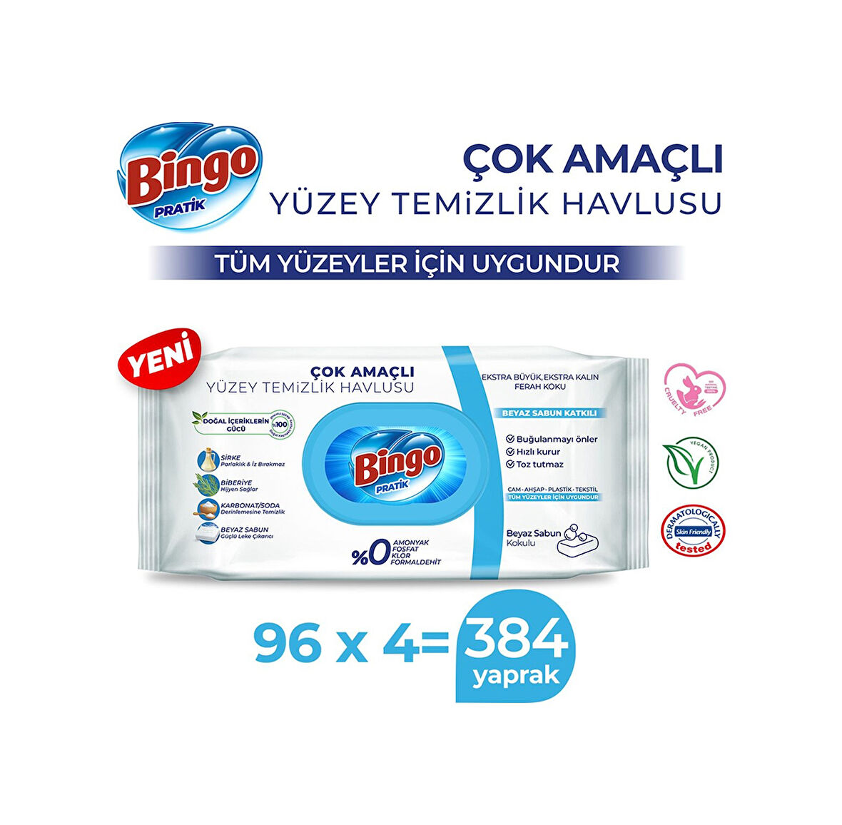 Bingo Pratik Yüzey Temizlik Havlusu Beyaz Sabun 4 x 96'lı