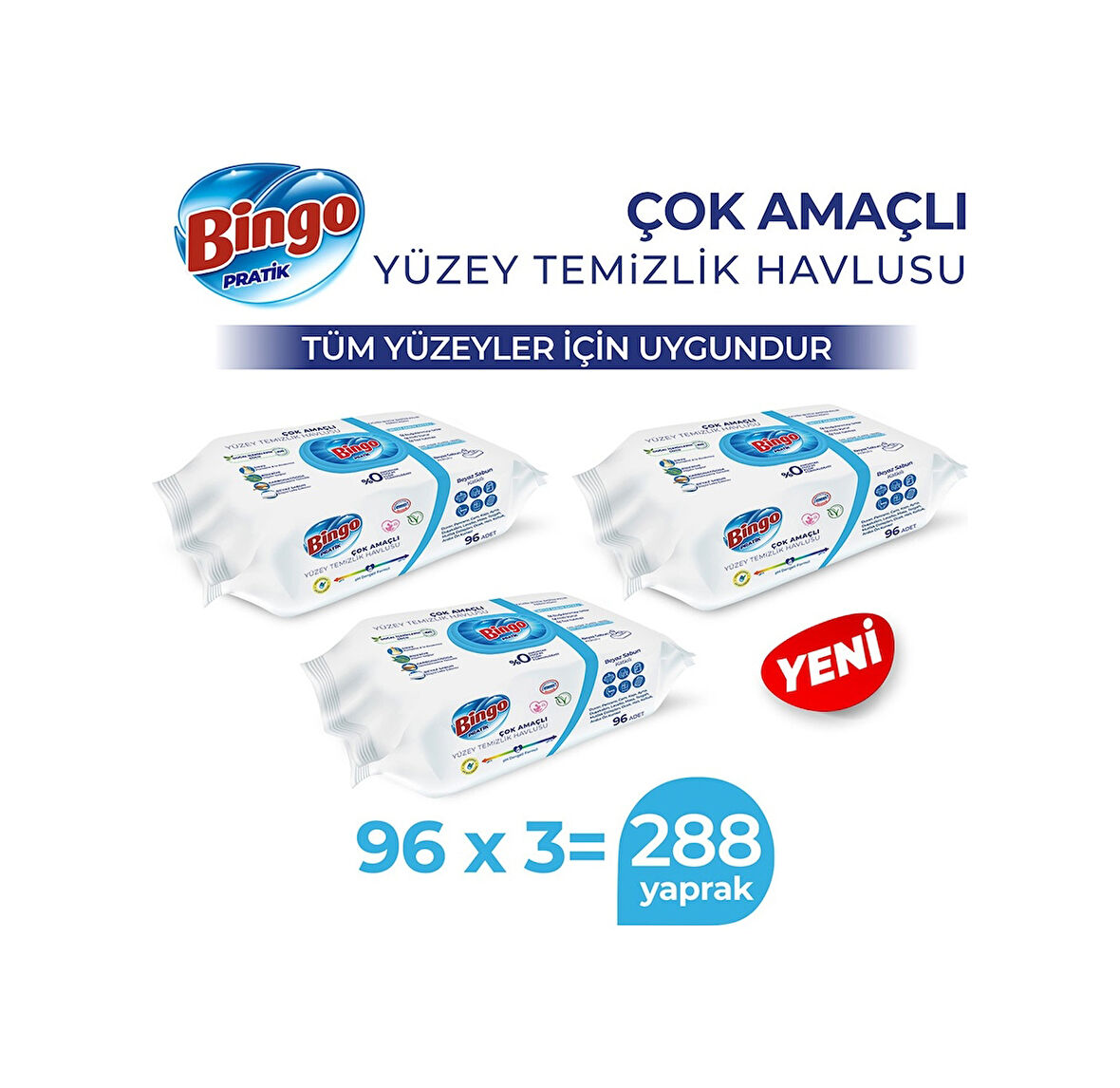 Bingo Beyaz Sabun Katkılı Pratik Yüzey Temizlik Havlusu 3 x 96'lı