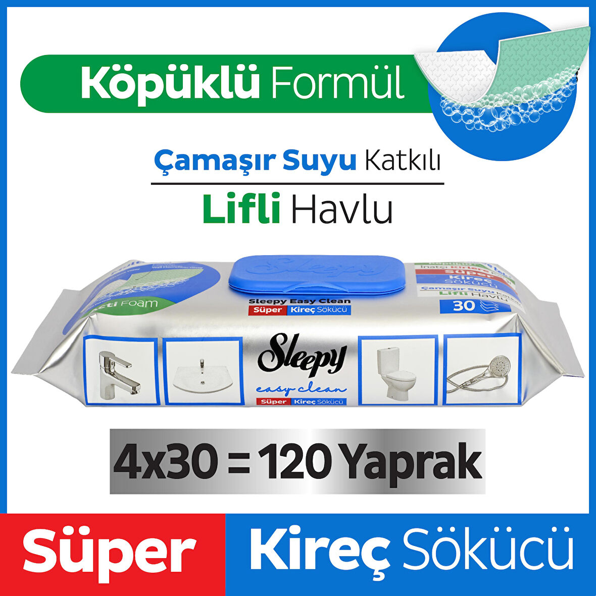 Sleepy Easy Clean Süper Kireç Sökücü Yüzey Temizlik Havlusu&Mendili 4x30 (120 Yaprak)