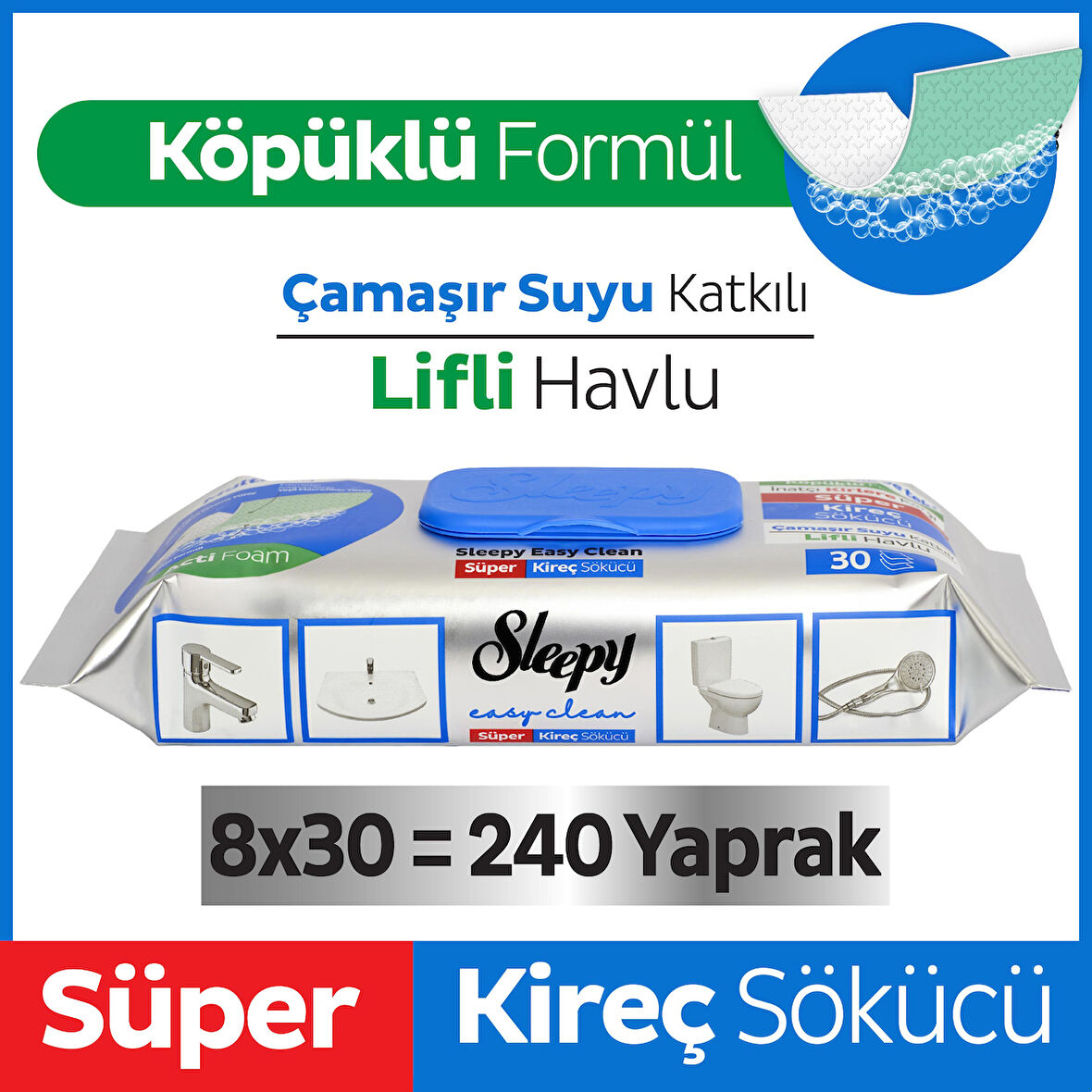 Sleepy Easy Clean Süper Kireç Sökücü Yüzey Temizlik Havlusu&Mendili 8x30 (240 Yaprak)