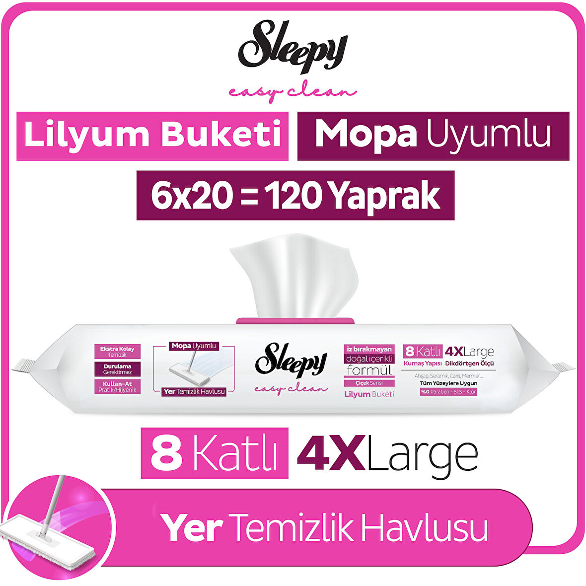 Sleepy Easy Clean Lilyum Buketi Mopa Uyumlu Yer Temizlik Havlusu&Mendili 6x20 (120 Yaprak)