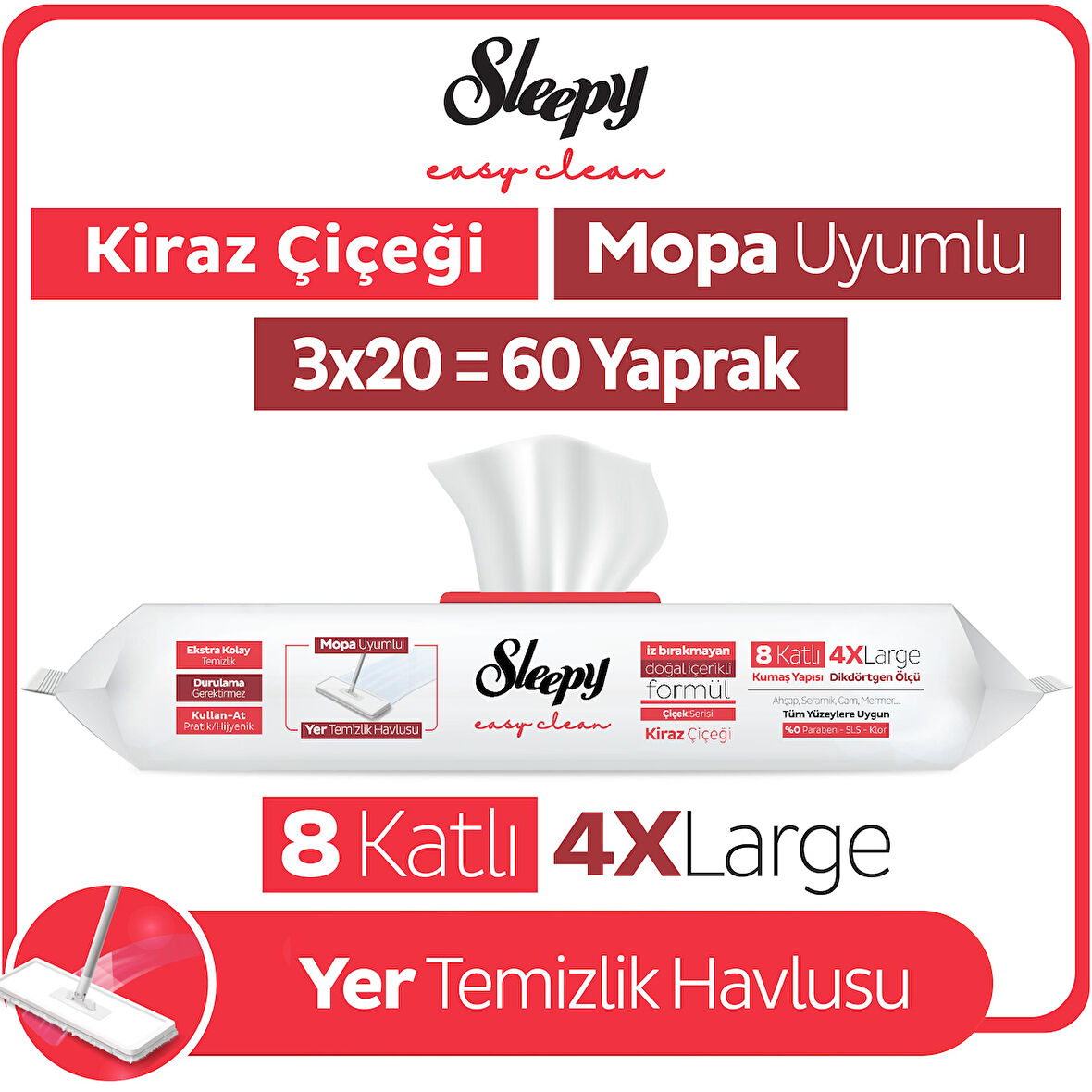 Sleepy Easy Clean Kiraz Çiçeği Mopa Uyumlu Yer Temizlik Havlusu&Mendili 3x20 (60 Yaprak)