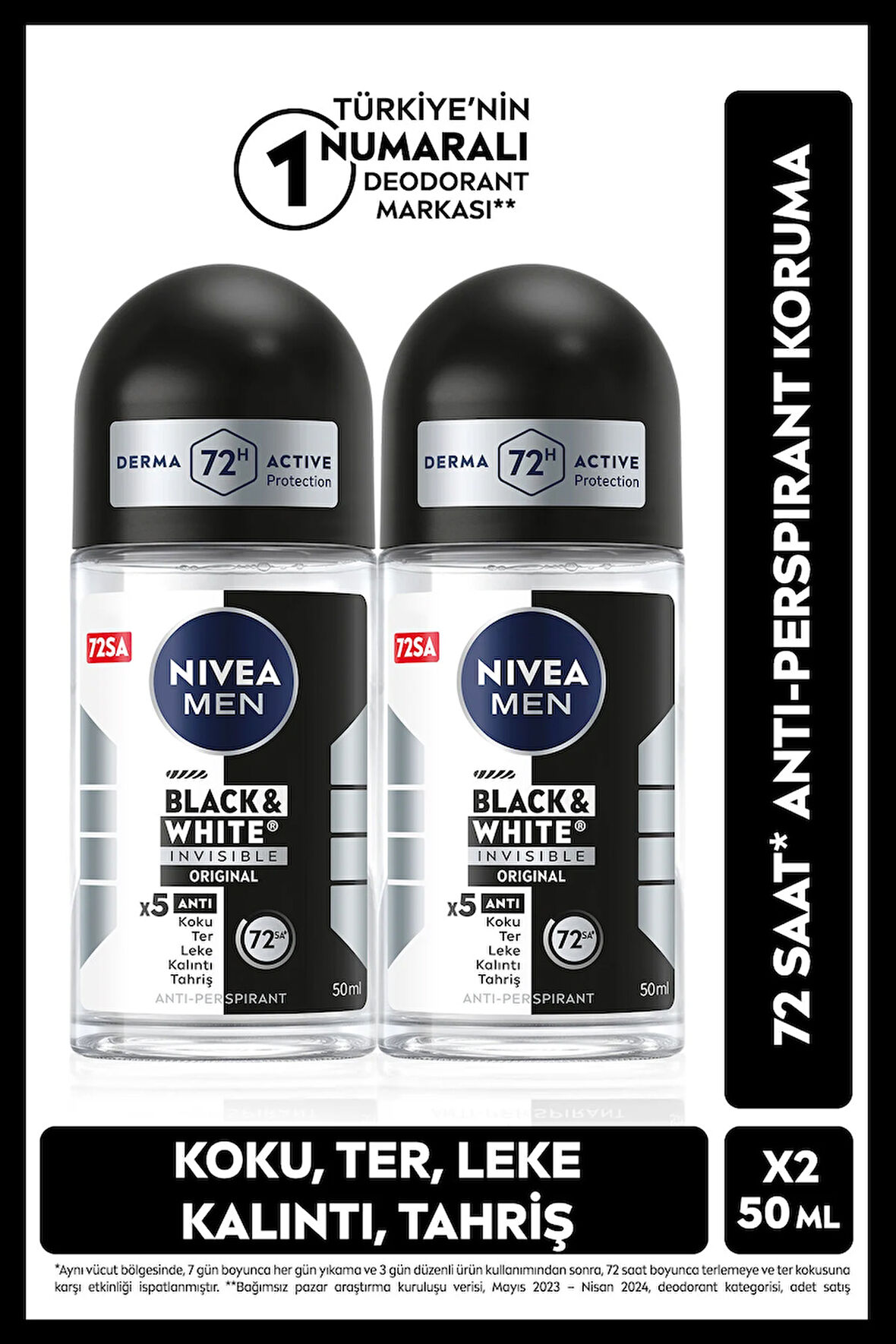 NIVEA MEN Erkek Roll-on Deodorant Black&white Invisible Original 50ml, 72 Saat Anti-perspirant, X2 Adet