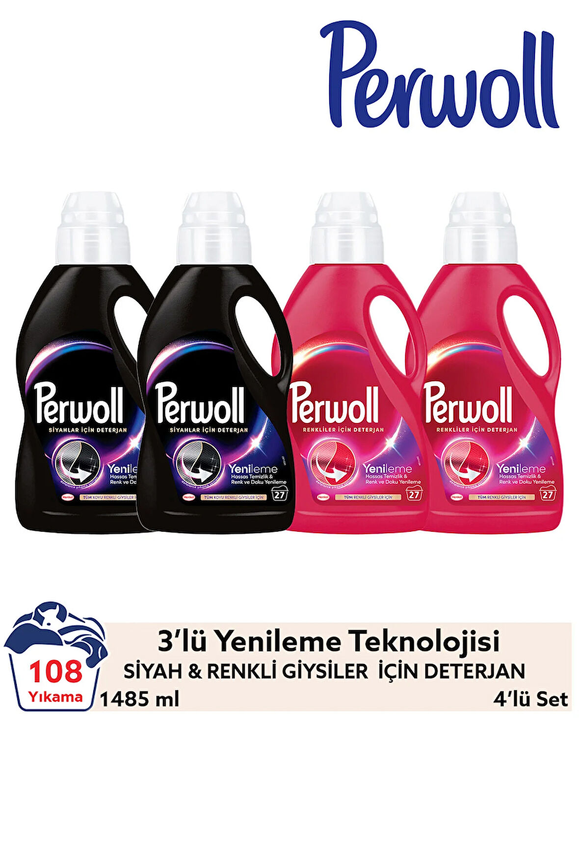 Perwoll Hassas Bakım Sıvı Çamaşır Deterjanı 4'lü Set – 108 Yıkama (2x1.485L Siyah + 2x1.485L Renkli)