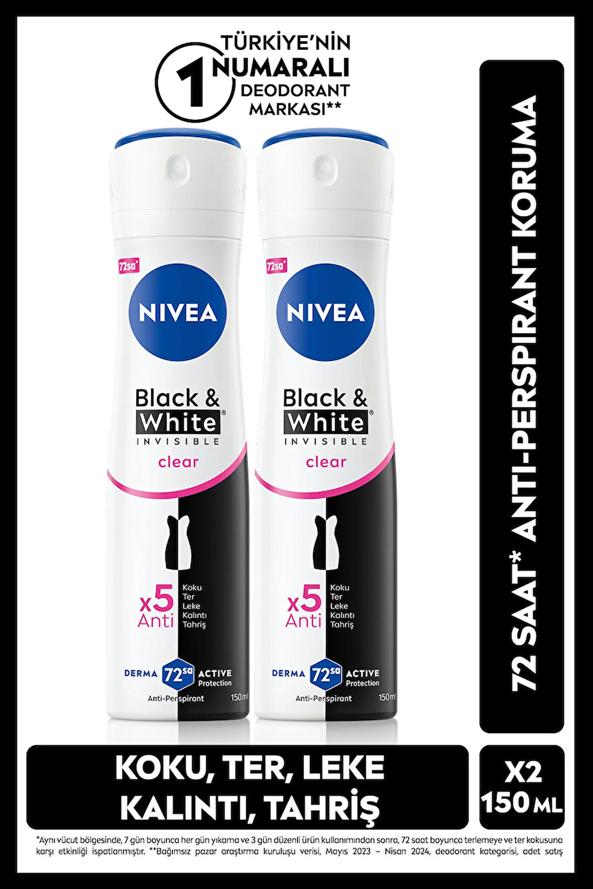 NIVEA Kadın Sprey Deodorant Black&white Clear 150ml, 72 Saat Anti-perspirant Ter Koruması, X2 Adet