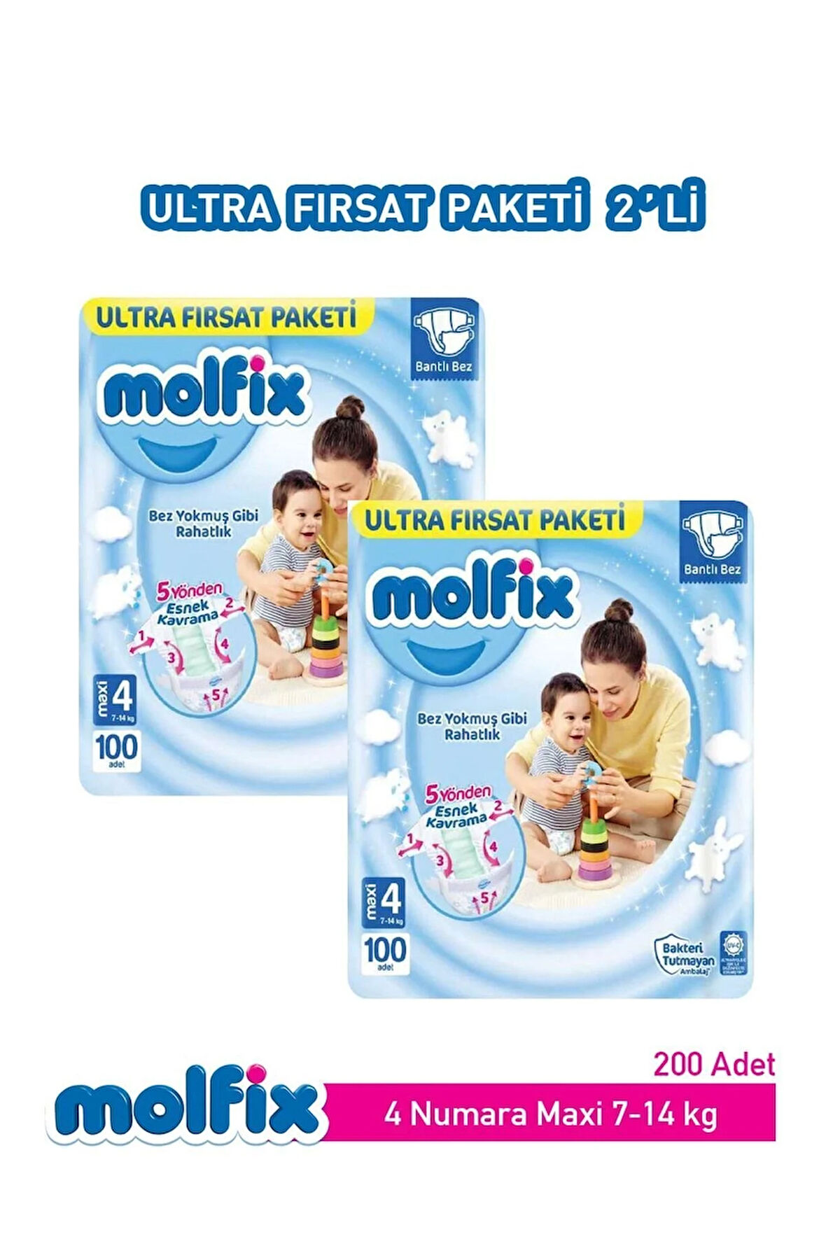 Molfix Bebek Bezi Ultra Fırsat Paketi Maxi 4 Numara 100 Adet X 2 Paket