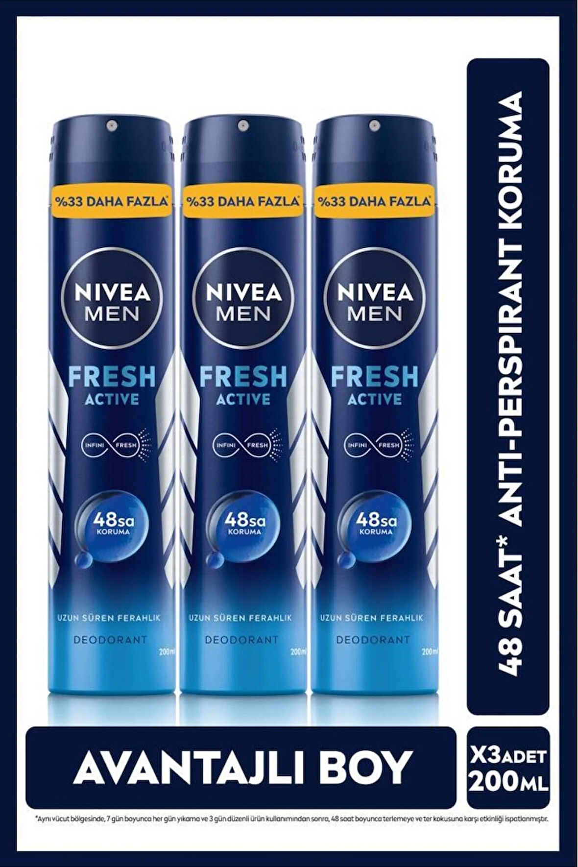 NIVEA Men Erkek Sprey Deodorant Fresh Active 200ml,ter Kokusuna Karşı 48 Saat Koruma,avantajlı Boy,x3 Adet