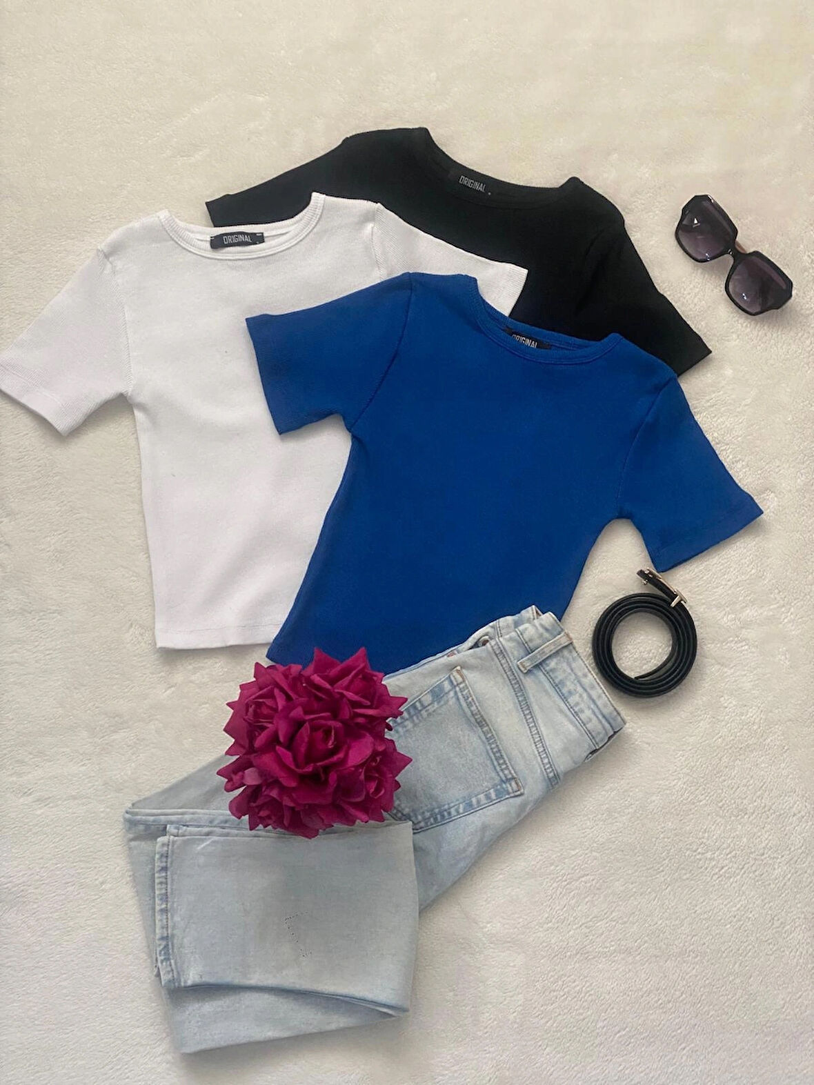 Wearflawless Kadın 3 Lü Adet Fitilli Pamuklu Bisiklet Yaka Örme Kaşkorse Crop T-shirt