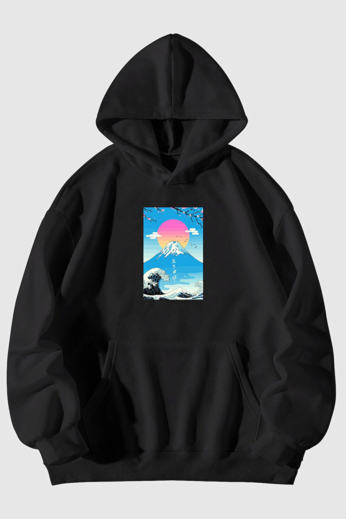 Ikikagi Baskılı Unisex Siyah Kanguru Cepli Kapüşonlu Sweatshirt Hoodie | L