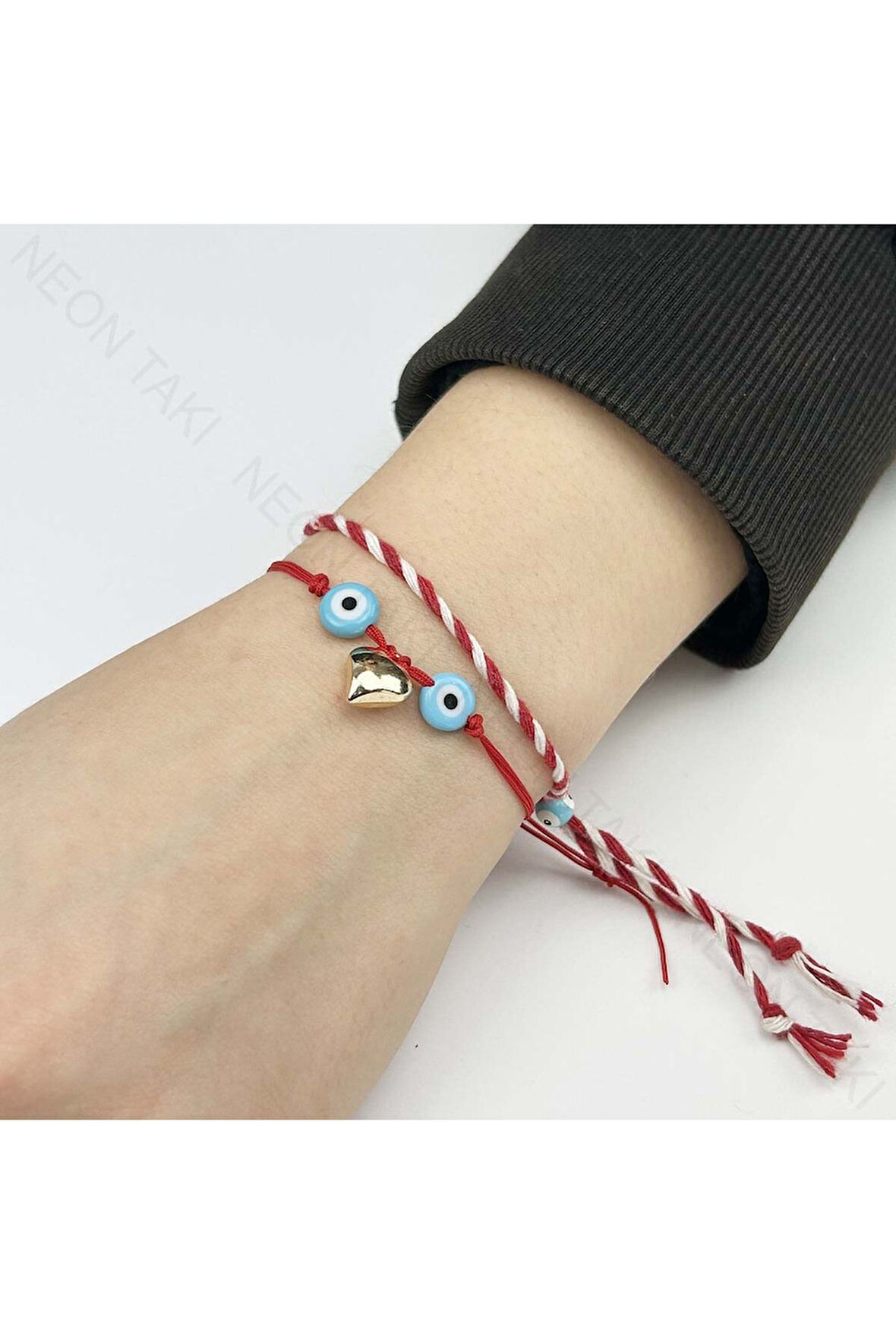 Marteniçka Model 8, 2ad. Bileklik, Paslanmaz Kalp, Boncuklar Turkuaz Renk