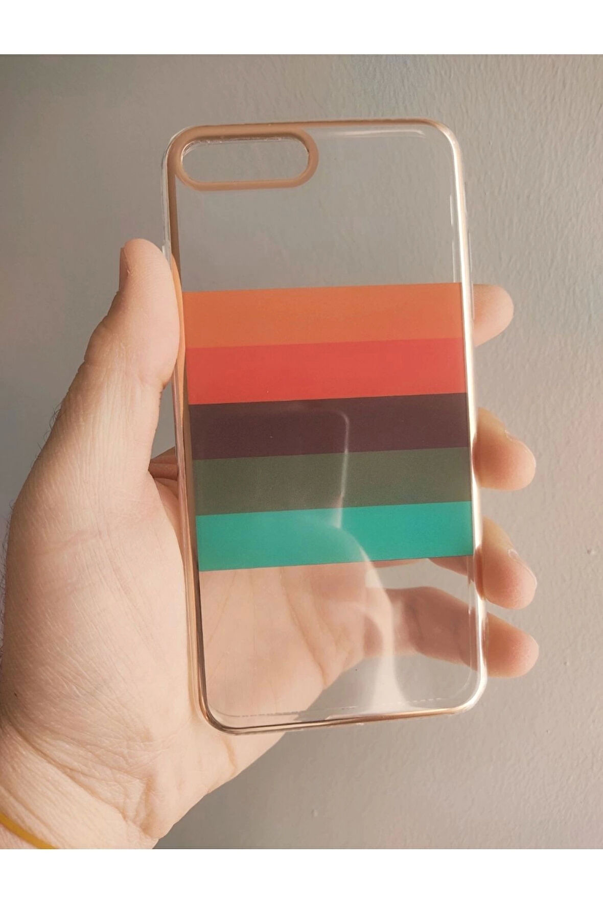 Iphone 7 Plus Iphone 8 Plus Uyumlu Kenarları Bakır Arka Yüzü Jelatinli Renk Çizgili Telefon Kılıfı