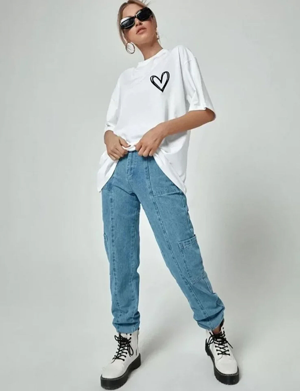 Modavera Bisiklet Yaka Baskılı Oversize T-Shirt - Beyaz