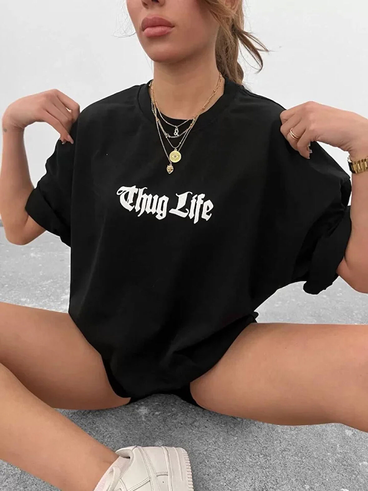 Modavera Unisex Bisiklet Yaka Baskılı Oversize T-Shirt - Siyah