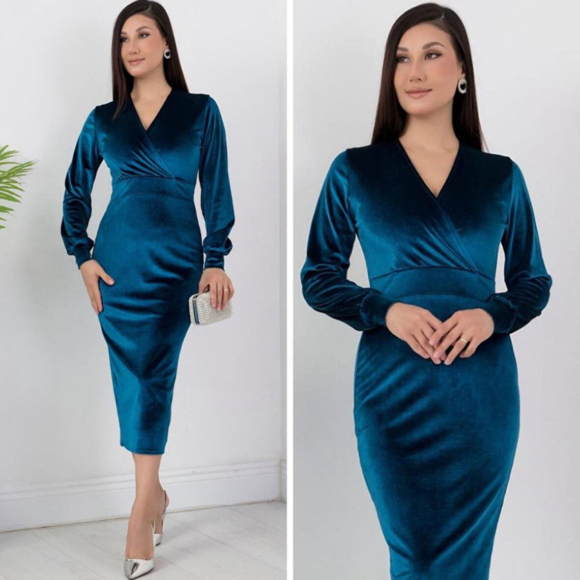 Modavera Kadın Kadife Kumaş Manşetli V Yaka Şık Kalem Elbise