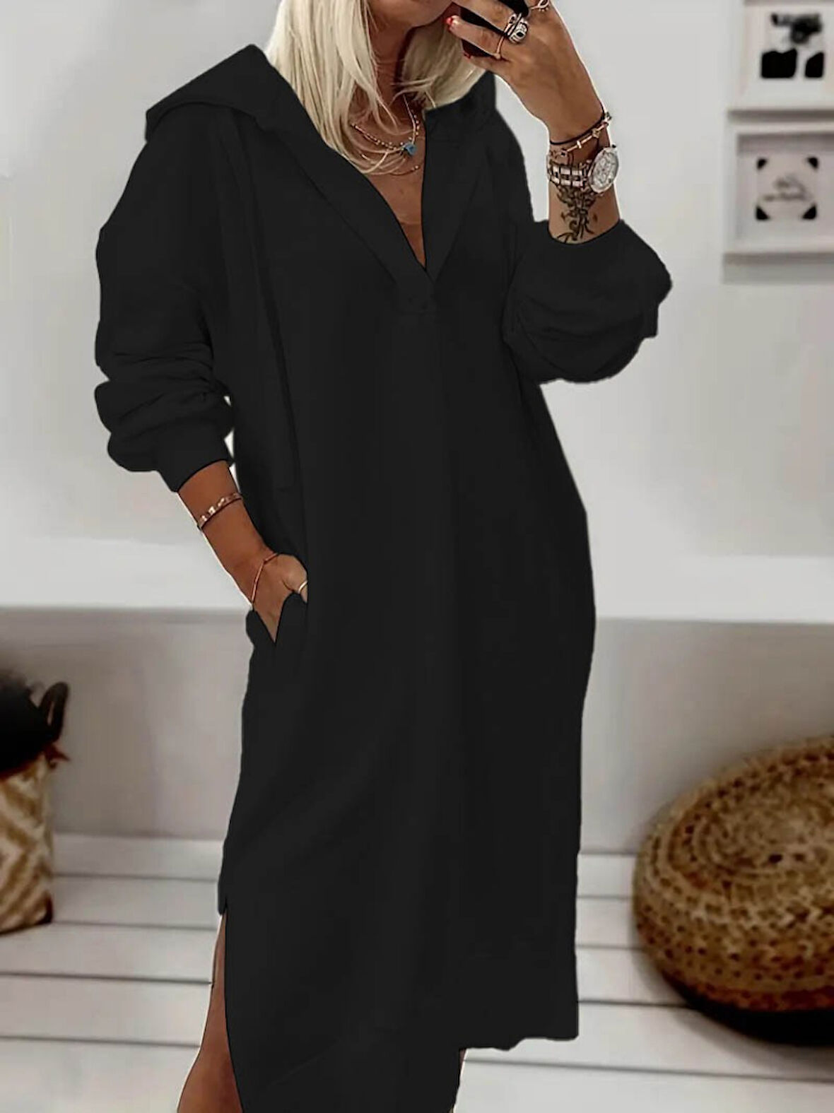 Modavera Kadın Uzun Kollu Kapüşonlu Yakası Açık Modal Elbise